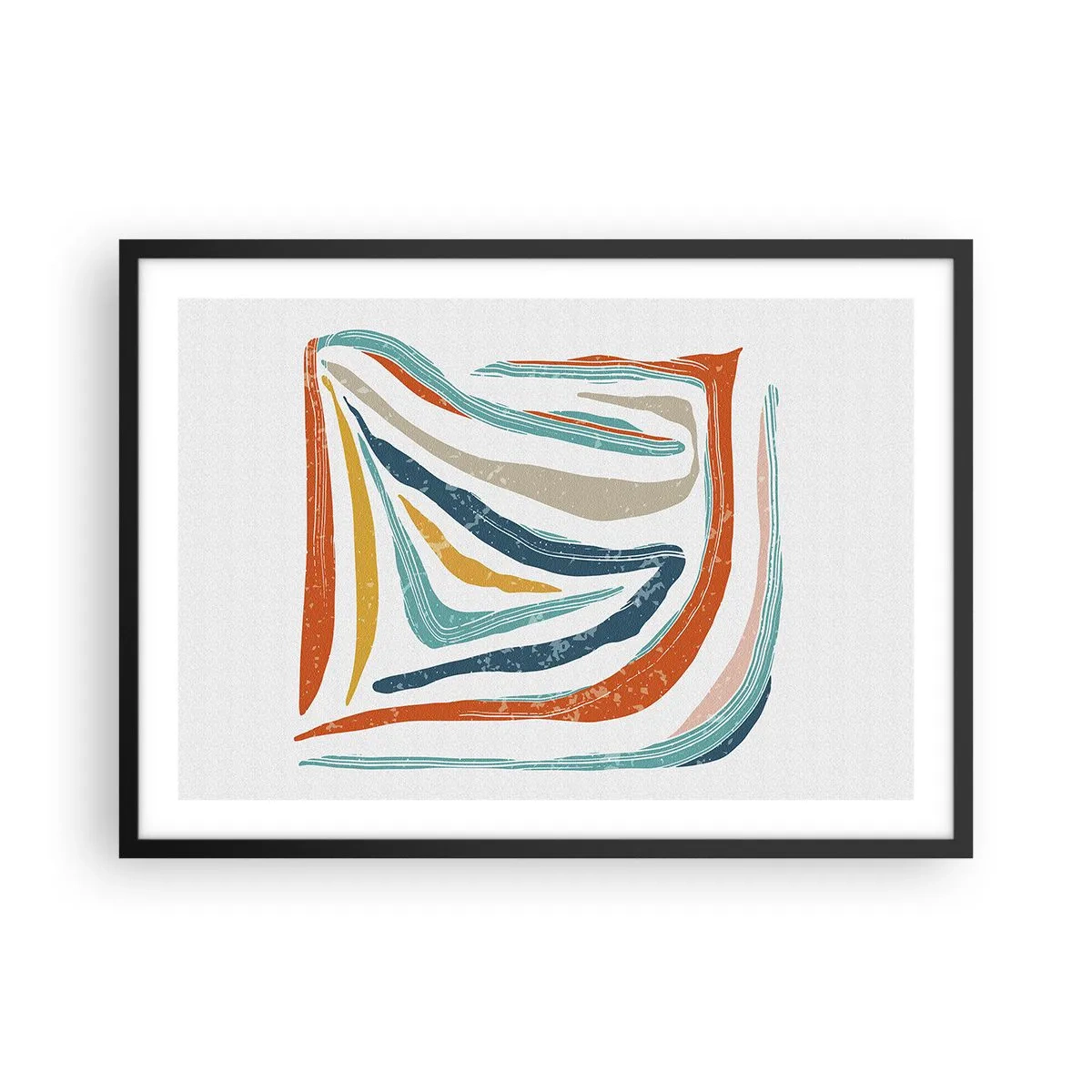 Plakat w czarnej ramie - Kolorowe, dynamiczne linie w odcieniach błękitu, pomarańczu i beżu - 70x50cm - Abstrakcja przyjaźnie uśmiechnięta - Nowoczesna dekoracja ścienna do salonu i sypialni ARTTOR