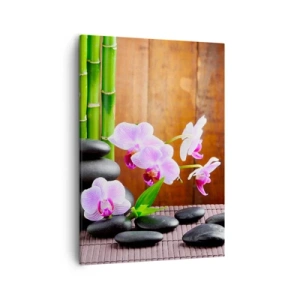 Obraz na płótnie - Fioletowe orchidee i bambus na tle drewna - 50x70cm - Poznaj przyjemności wschodu - Nowoczesna dekoracja ścienna do salonu, kuchni i sypialni ARTTOR