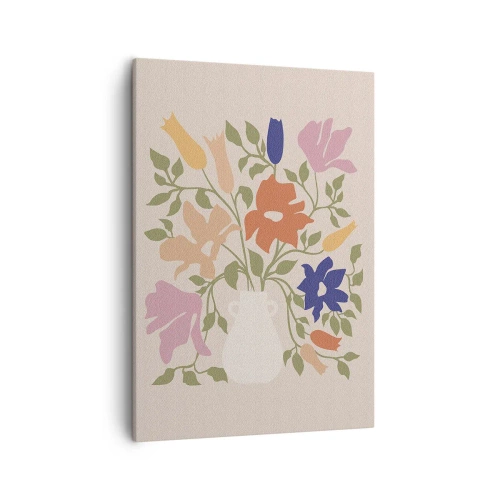 Obraz na płótnie - Barwna ilustracja bukietu kwiatów w białym wazonie na beżowym tle - 50x70cm - Bukiet delikatny - Nowoczesna dekoracja ścienna do salonu, kuchni i sypialni ARTTOR