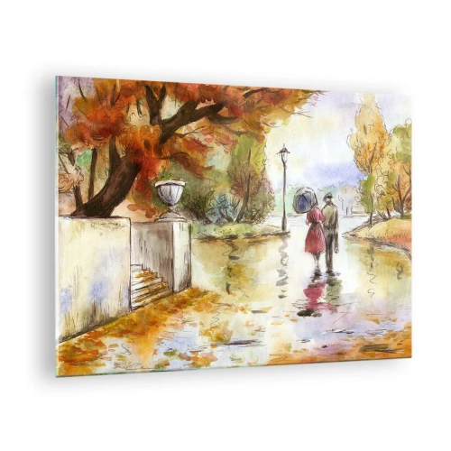 Obraz na szkle - Jesienny spacer pary po parku z kolorowymi liśćmi - 70x50cm - Romantyczna jesień w parku - Nowoczesna dekoracja ścienna do salonu i sypialni ARTTOR