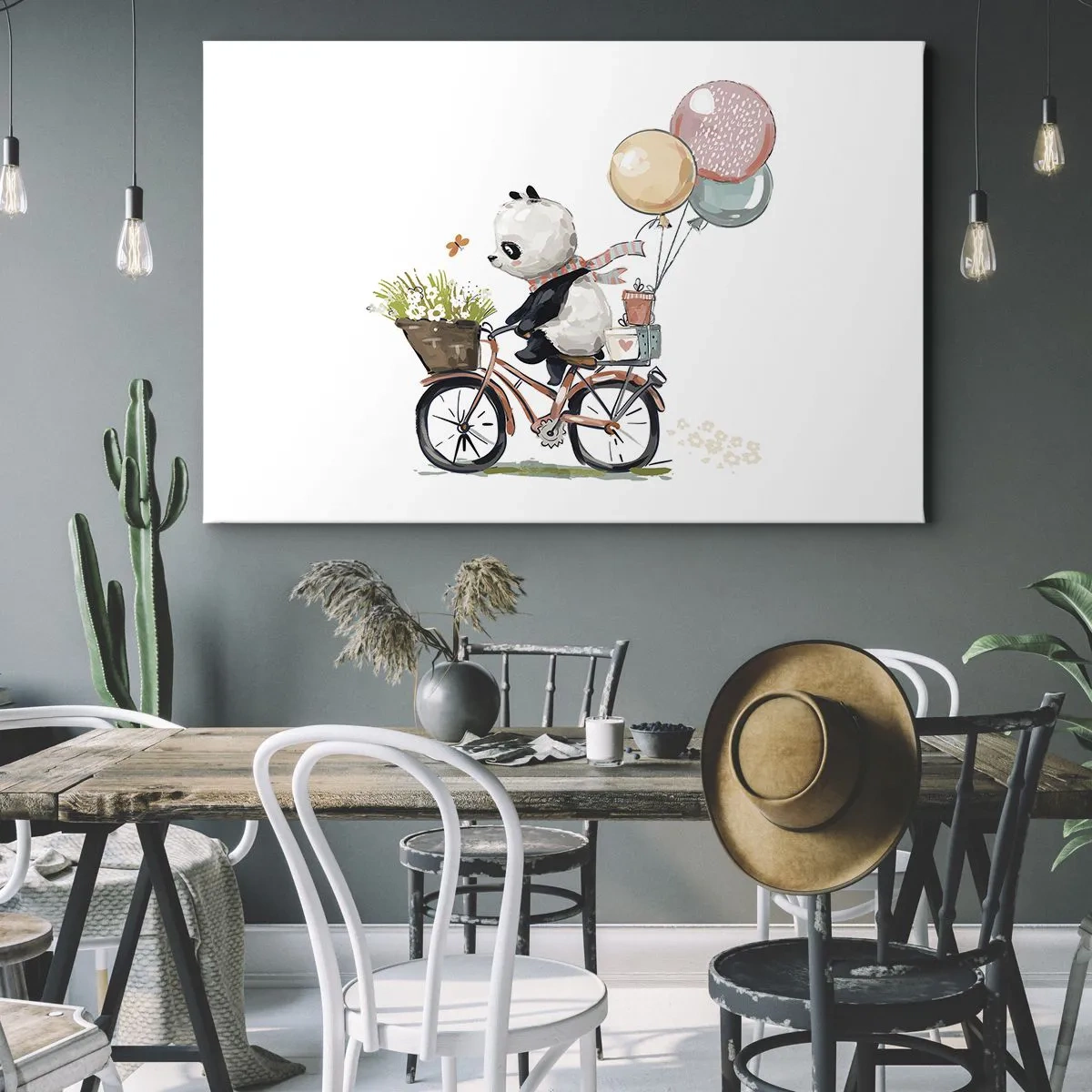 Obraz na płótnie - Panda na rowerze z balonami i kwiatami - 70x50cm - Szczęśliwy dzień - Nowoczesna dekoracja ścienna do salonu i sypialni ARTTOR