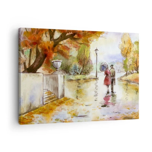 Obraz na płótnie - Spacer w jesiennym parku z parasolem - 70x50cm - Romantyczna jesień w parku - Nowoczesna dekoracja ścienna do salonu i sypialni ARTTOR