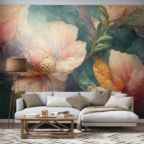 Fototapeta Premium Sand - Delikatne kwiaty w pastelowych odcieniach na tle liści - 100x70cm - Sama subtelność - Nowoczesna dekoracja ścienna do salonu, kuchni i sypialni ARTTOR