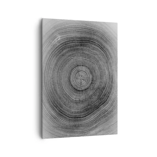 Obraz na płótnie - Czarno-białe koncentryczne słoje drzewa ukazujące strukturę drewna - 50x70cm - Znak czasu - Nowoczesna dekoracja ścienna do salonu, kuchni i sypialni ARTTOR