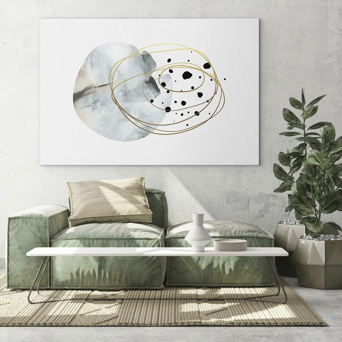 Obraz na szkle - Abstrakcyjna kompozycja z błękitną plamą i złotymi liniami - 70x50cm - W objęciach przestrzeni - Nowoczesna dekoracja ścienna do salonu i sypialni ARTTOR