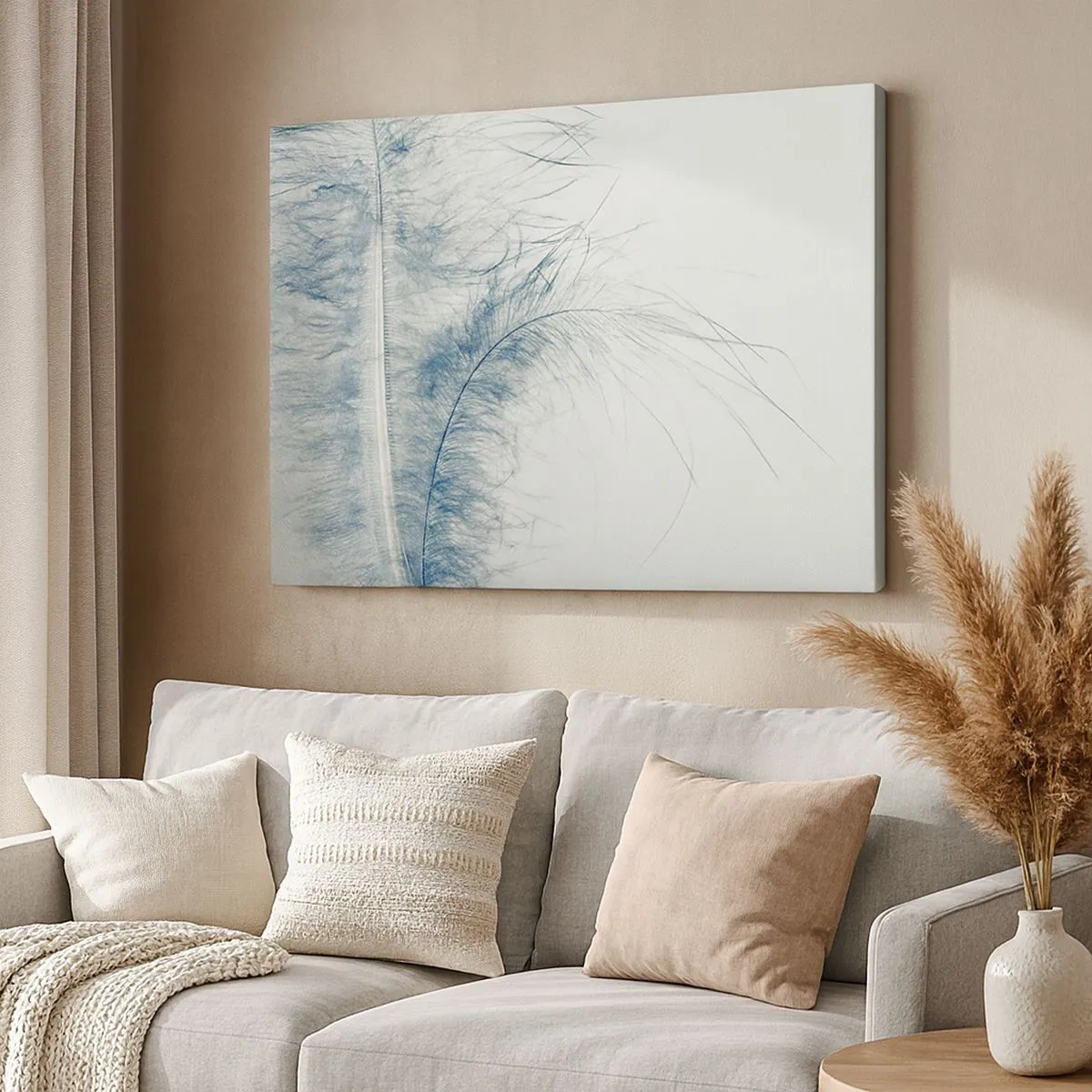 Obraz na płótnie - Delikatne pióro w pastelowych odcieniach na jasnym tle - 70x50cm - Szept natury - Nowoczesna dekoracja ścienna do salonu i sypialni ARTTOR