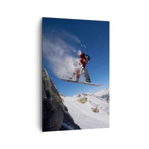 Obraz na płótnie - Snowboardzista skaczący ze skały na tle górskiego krajobrazu - 80x120cm - I stałeś się częścią przestrzeni - Nowoczesna dekoracja ścienna do salonu i sypialni ARTTOR