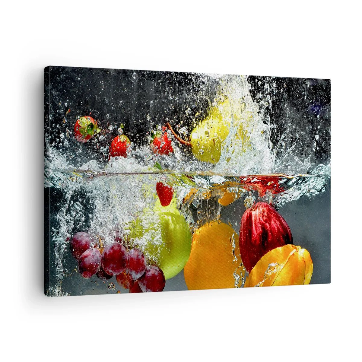 Obraz na płótnie - Kolorowe owoce w wodzie podczas dynamicznego zanurzenia - 70x50cm - Owocowe orzeźwienie - Nowoczesna dekoracja ścienna do salonu i sypialni ARTTOR