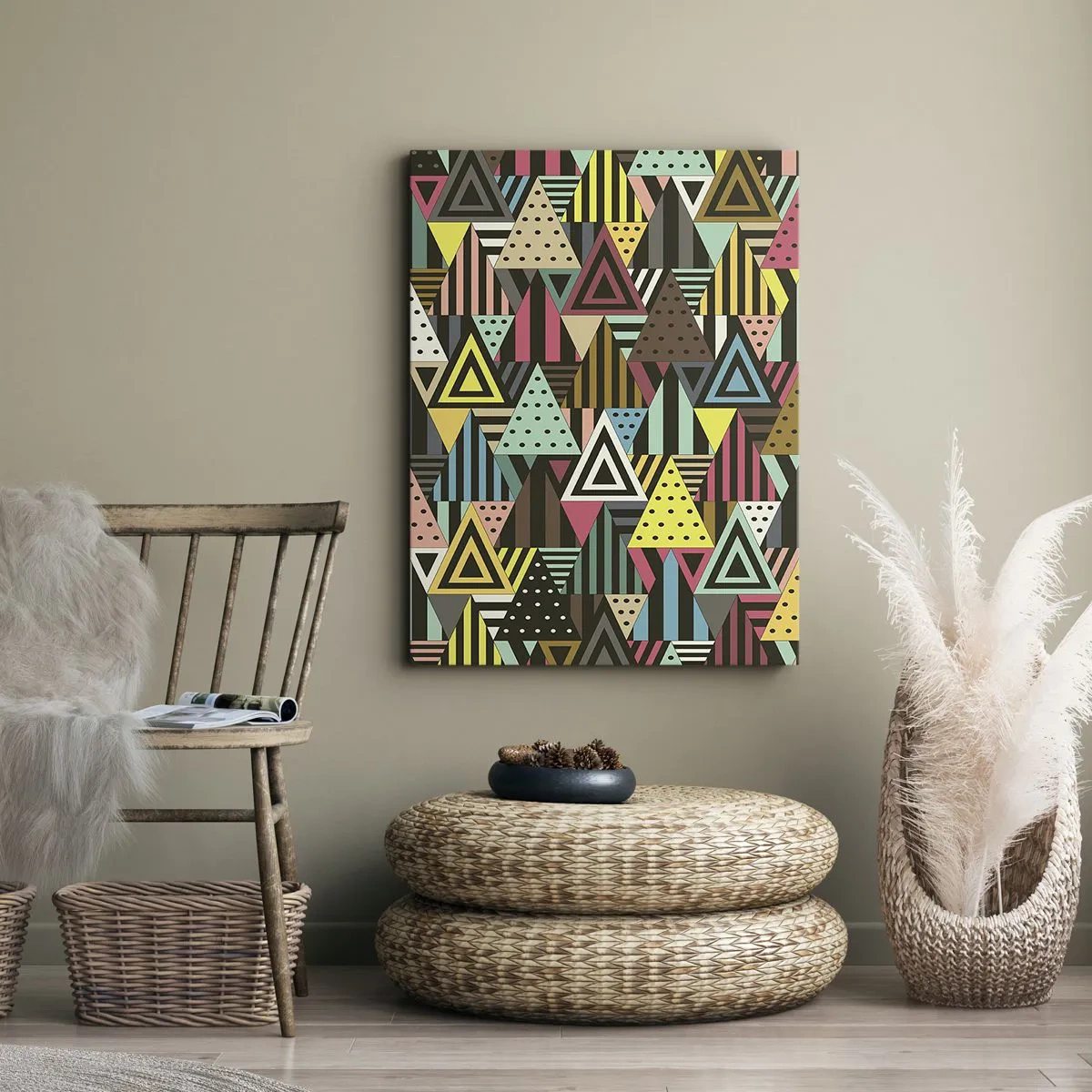 Obraz na płótnie - Kolorowa kompozycja geometrycznych trójkątów - 50x70cm - W rytmie na trzy - Nowoczesna dekoracja ścienna do salonu, kuchni i sypialni ARTTOR