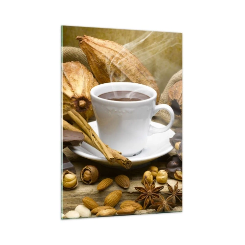 Obraz na szkle - Filiżanka gorącej czekolady otoczona czekoladą i przyprawami - 50x70cm - Dla poszukiwaczy wrażeń - Nowoczesna dekoracja ścienna do salonu, kuchni i sypialni ARTTOR