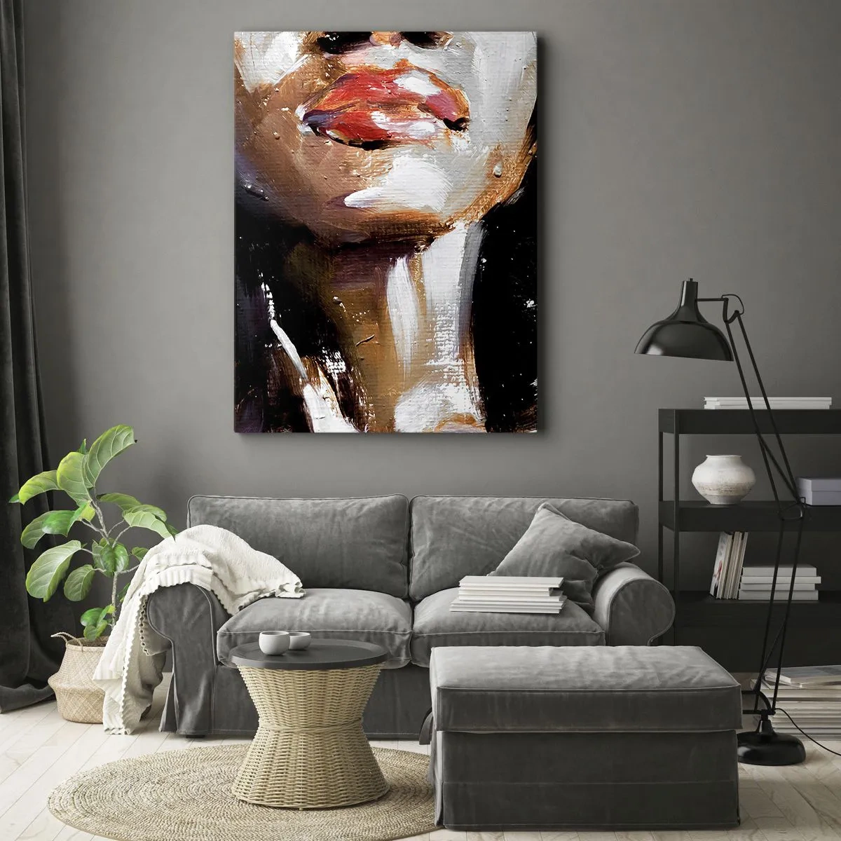 Obraz na płótnie - Abstrakcyjny portret kobiety z wyrazistymi ustami w stylu malarskim - 50x70cm - Duma bez uprzedzeń - Nowoczesna dekoracja ścienna do salonu, kuchni i sypialni ARTTOR