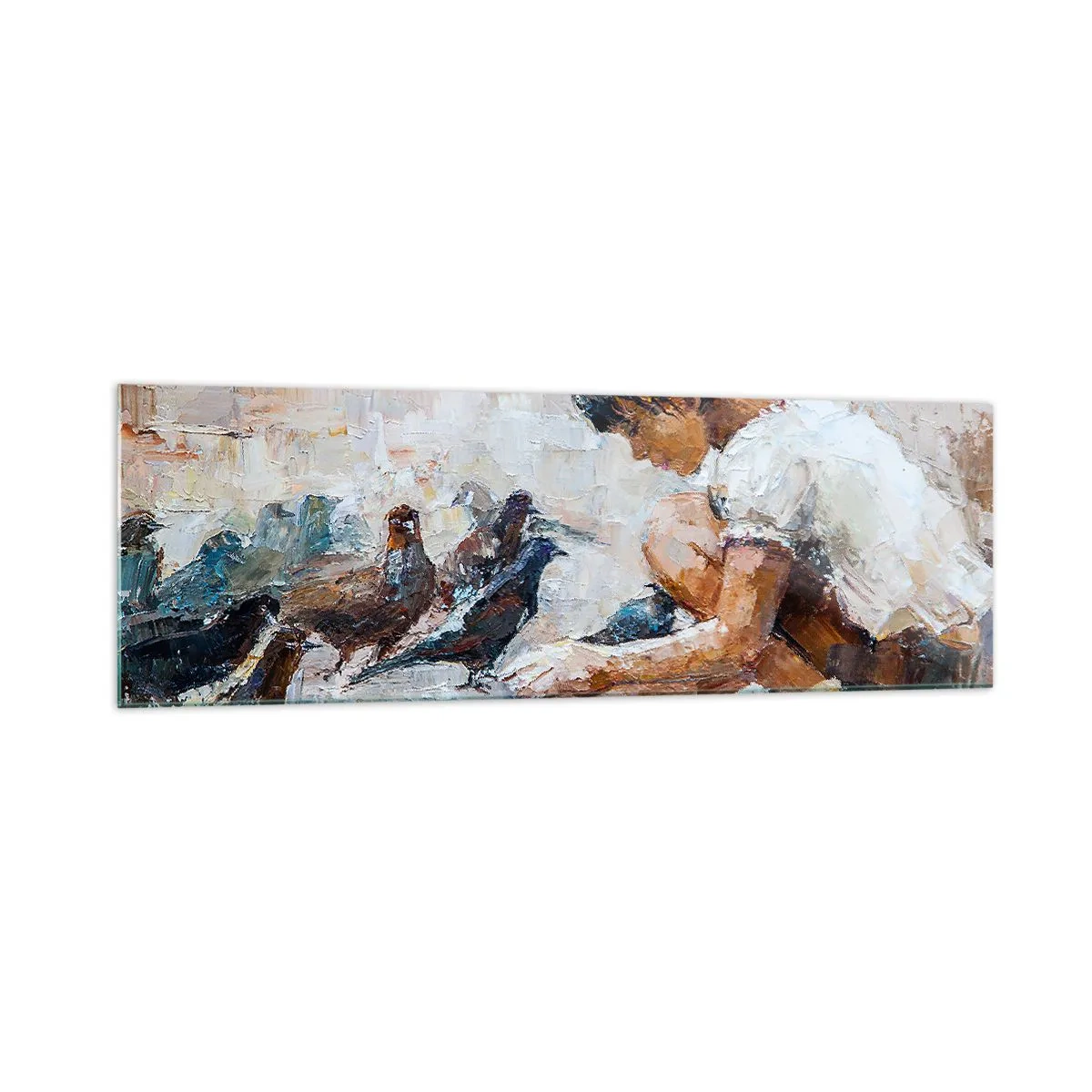Obraz na szkle - Dziewczynka karmiąca ptaki w malarskim stylu - 160x50cm - Maluczcy i najmilsi - Nowoczesna dekoracja ścienna do salonu i sypialni ARTTOR
