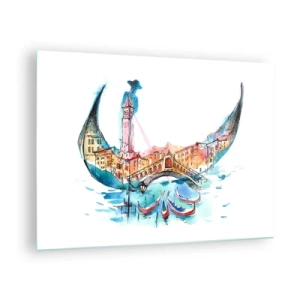Obraz na szkle - Akwarelowa panorama Wenecji w formie maski - 70x50cm - Płyniemy przez miasto - Nowoczesna dekoracja ścienna do salonu i sypialni ARTTOR