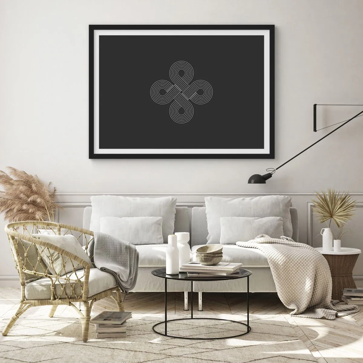 Plakat w czarnej ramie - Celtycki wzór w minimalistycznym stylu na czarnym tle - 70x50cm - W duchu celtyckim - Nowoczesna dekoracja ścienna do salonu i sypialni ARTTOR