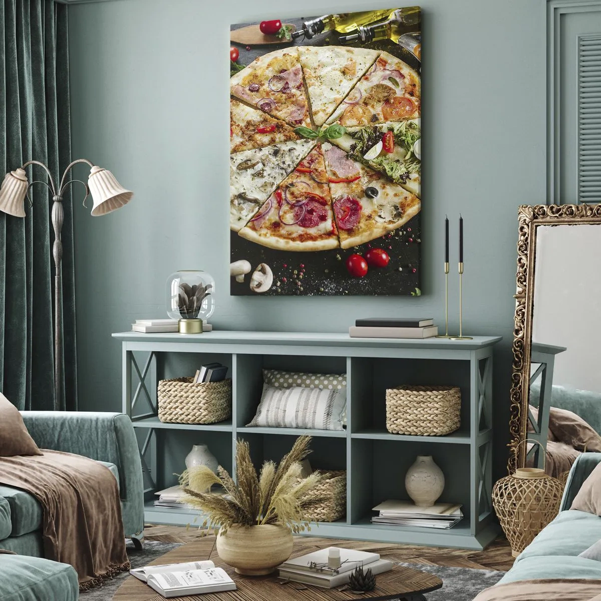 Obraz na płótnie - Pizza w różnych smakach na tle z dodatkami - 80x120cm - Wachlarz smaków - Nowoczesna dekoracja ścienna do salonu i sypialni ARTTOR