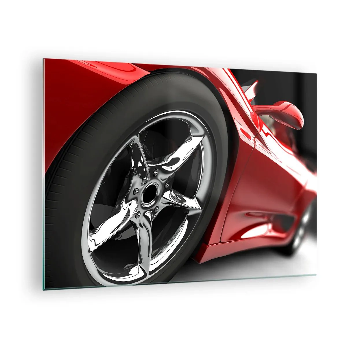 Obraz na szkle - Detal czerwonego sportowego samochodu z chromowaną felgą - 70x50cm - Stworzony do szybkości - Nowoczesna dekoracja ścienna do salonu i sypialni ARTTOR