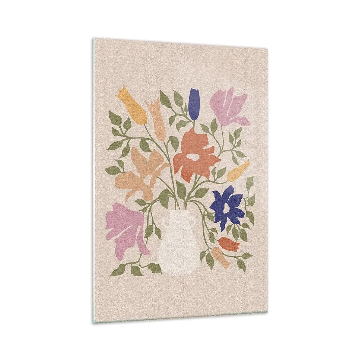 Obraz na szkle - Barwna ilustracja bukietu kwiatów w białym wazonie na beżowym tle - 80x120cm - Bukiet delikatny - Nowoczesna dekoracja ścienna do salonu i sypialni ARTTOR