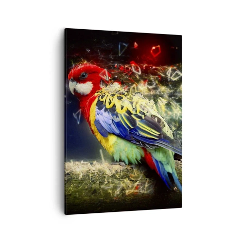 Obraz na płótnie - Kolorowa papuga w futurystycznym, cyfrowym otoczeniu - 50x70cm - Posłaniec blasku - Nowoczesna dekoracja ścienna do salonu, kuchni i sypialni ARTTOR
