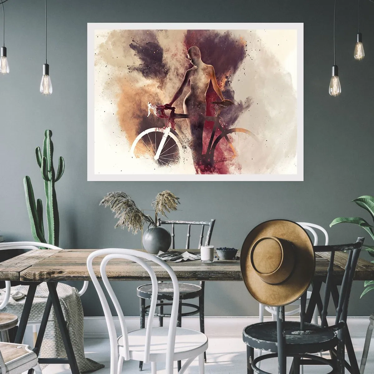 Plakat - Abstrakcyjna sylwetka z rowerem w artystycznym stylu - 100x70cm - W marmurowych kształtach rowerowa dusza - Nowoczesna dekoracja ścienna do salonu i sypialni ARTTOR