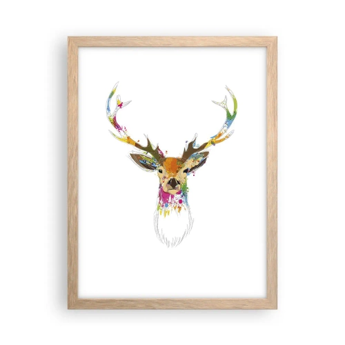 Plakat w ramie jasny dąb - Łagodny jelonek skąpany w kolorze - 30x40 cm