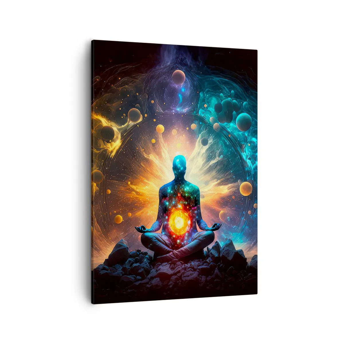 Obraz na płótnie - Medytująca postać otoczona kosmiczną energią w intensywnych barwach - 50x70cm - Kosmiczny spokój - Nowoczesna dekoracja ścienna do salonu, kuchni i sypialni ARTTOR