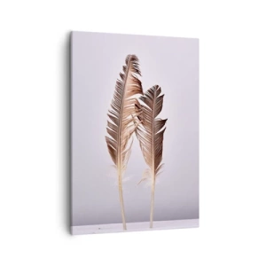 Obraz na płótnie - Dwie brązowe pióra na jasnym tle - 50x70cm - Przeciw nicości - Nowoczesna dekoracja ścienna do salonu, kuchni i sypialni ARTTOR