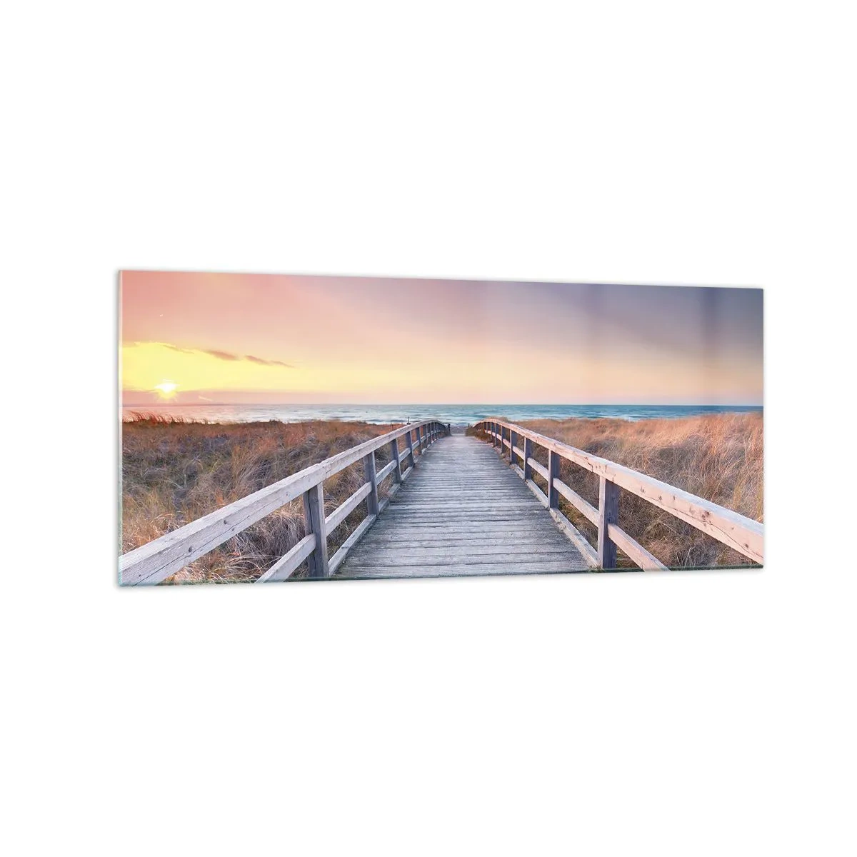 Obraz na szkle - Drewniany pomost prowadzący na plażę o zachodzie słońca z pastelowymi barwami nieba - 120x50cm - Bałtycka wieczorna zorza - Nowoczesna dekoracja ścienna do salonu i sypialni ARTTOR