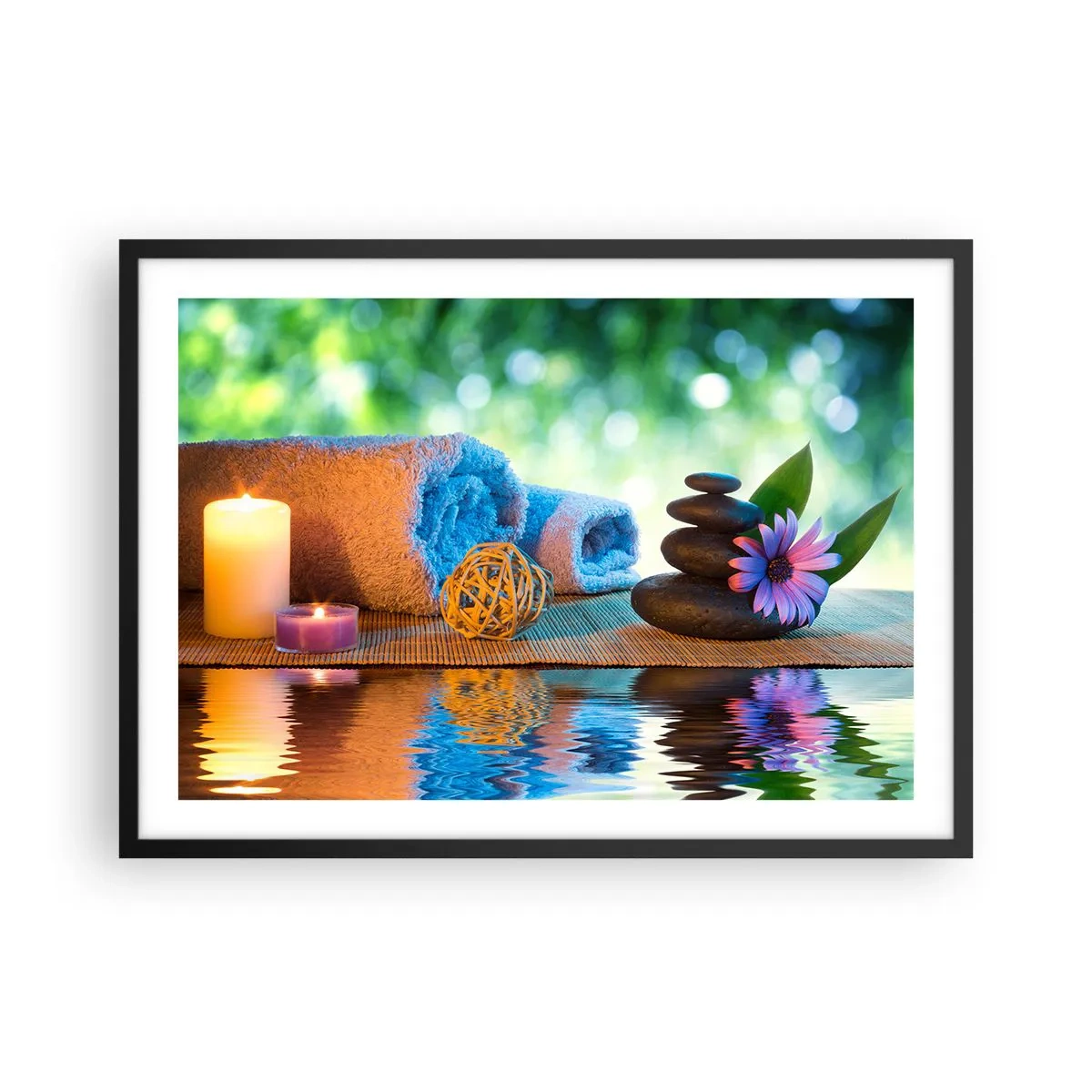 Plakat w czarnej ramie - Relaksacyjny zestaw SPA z ręcznikami, świecami i kamieniami - 70x50cm - Czas dla ciała - Nowoczesna dekoracja ścienna do salonu i sypialni ARTTOR