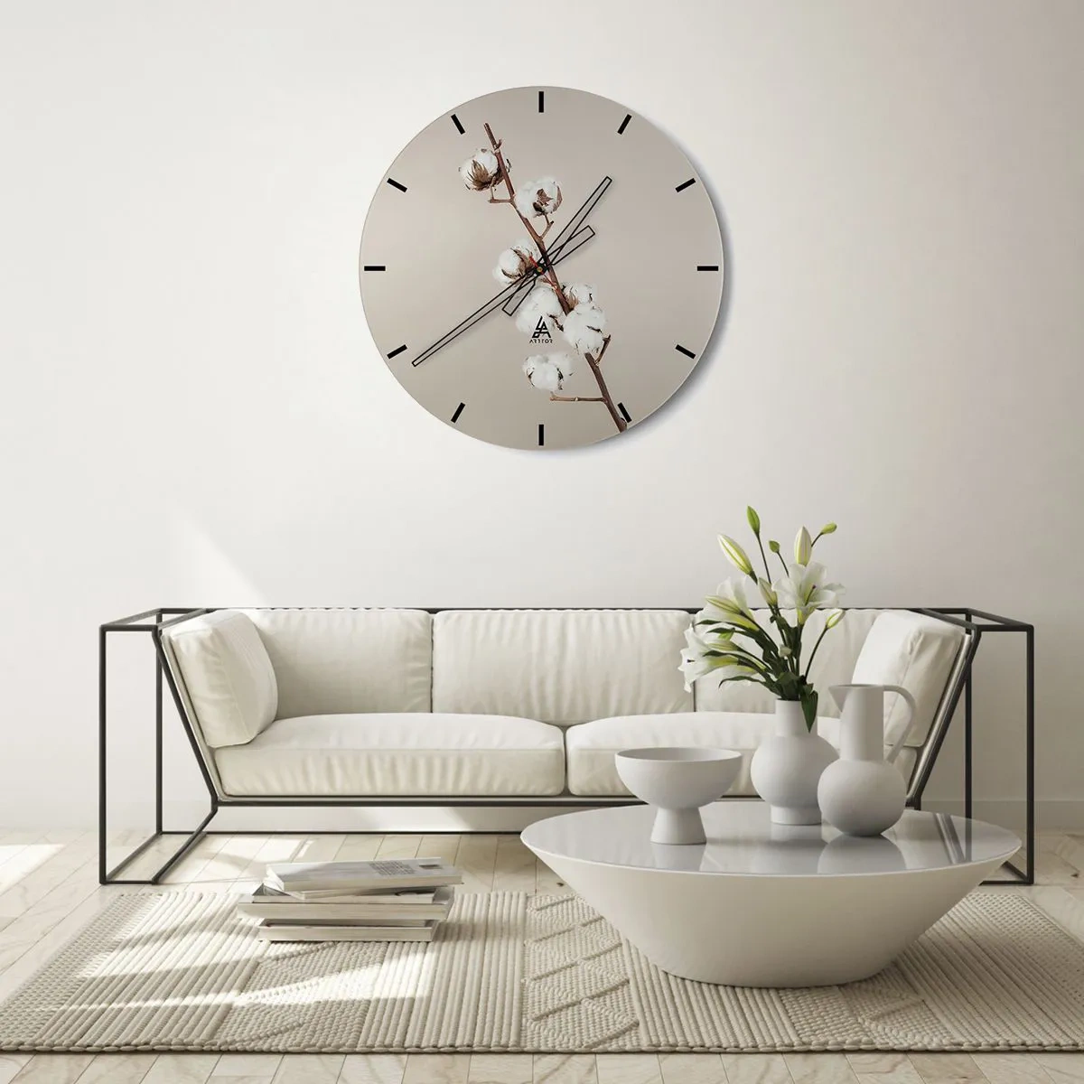 Zegar ścienny - Gałązka bawełny na beżowym tle w minimalistycznym stylu - 30x30cm - U źródła miękkości - Nowoczesna dekoracja ścienna do salonu, kuchni i sypialni ARTTOR