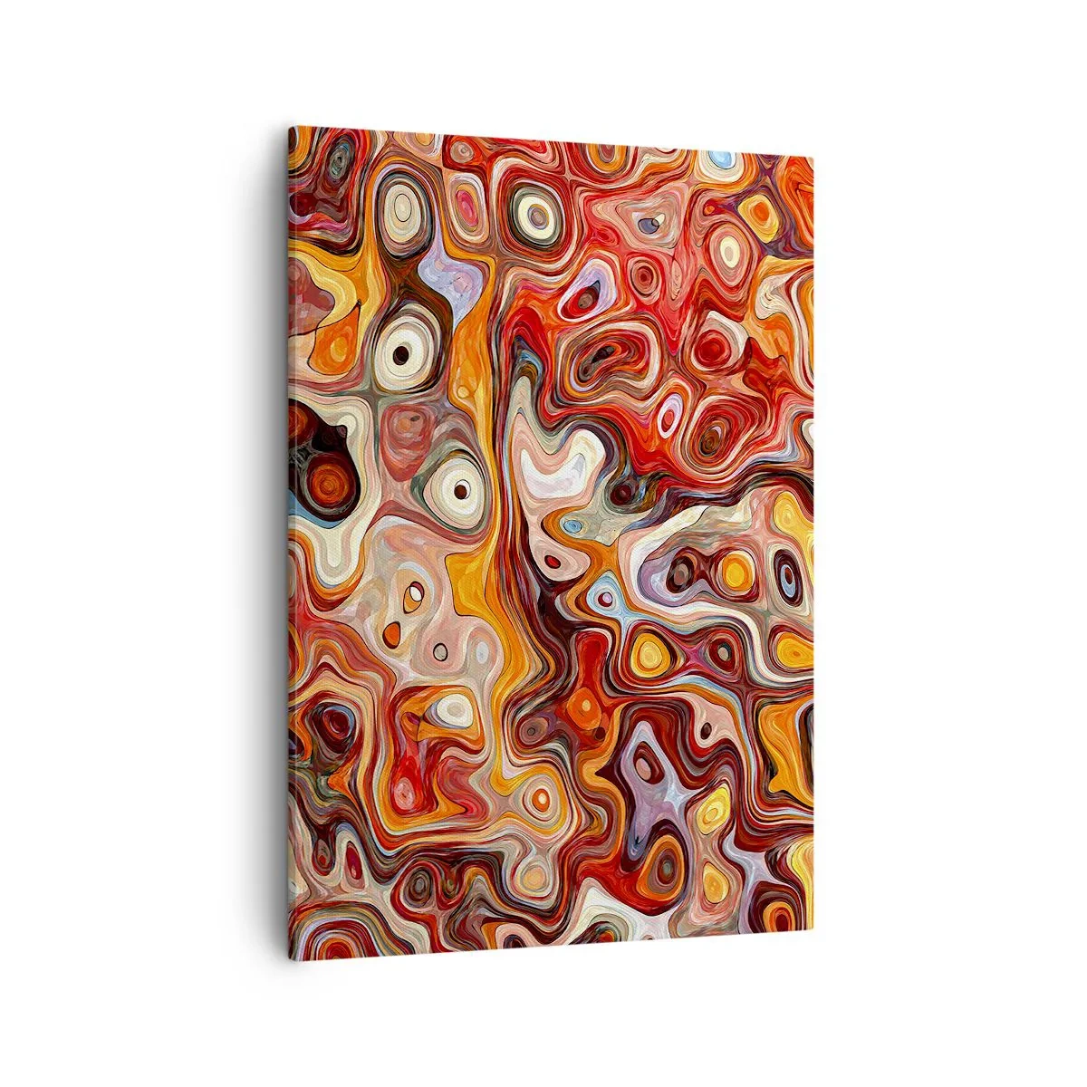 Obraz na płótnie - Abstrakcyjna kompozycja w odcieniach czerwieni, pomarańczu i beżu z dynamicznymi wzorami - 50x70cm - Gdyby orzechy rozpływały się w miodzie - Nowoczesna dekoracja ścienna do salonu, kuchni i sypialni ARTTOR