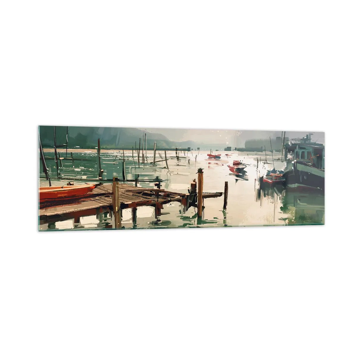 Obraz na szkle - Malowniczy port z łodziami na spokojnej wodzie - 160x50cm - Oblane roztopionym księżycem - Nowoczesna dekoracja ścienna do salonu i sypialni ARTTOR