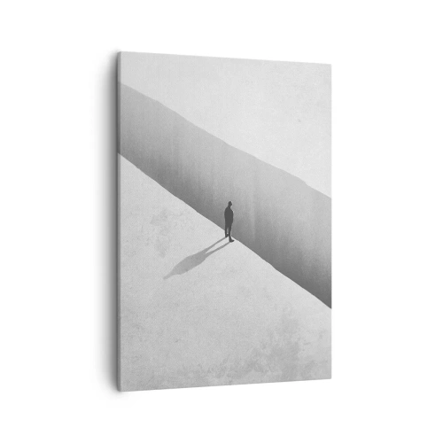 Obraz na płótnie - Czarno-biały obraz przedstawiający samotną postać nad przepaścią - 50x70cm - Jasny cel - Nowoczesna dekoracja ścienna do salonu, kuchni i sypialni ARTTOR