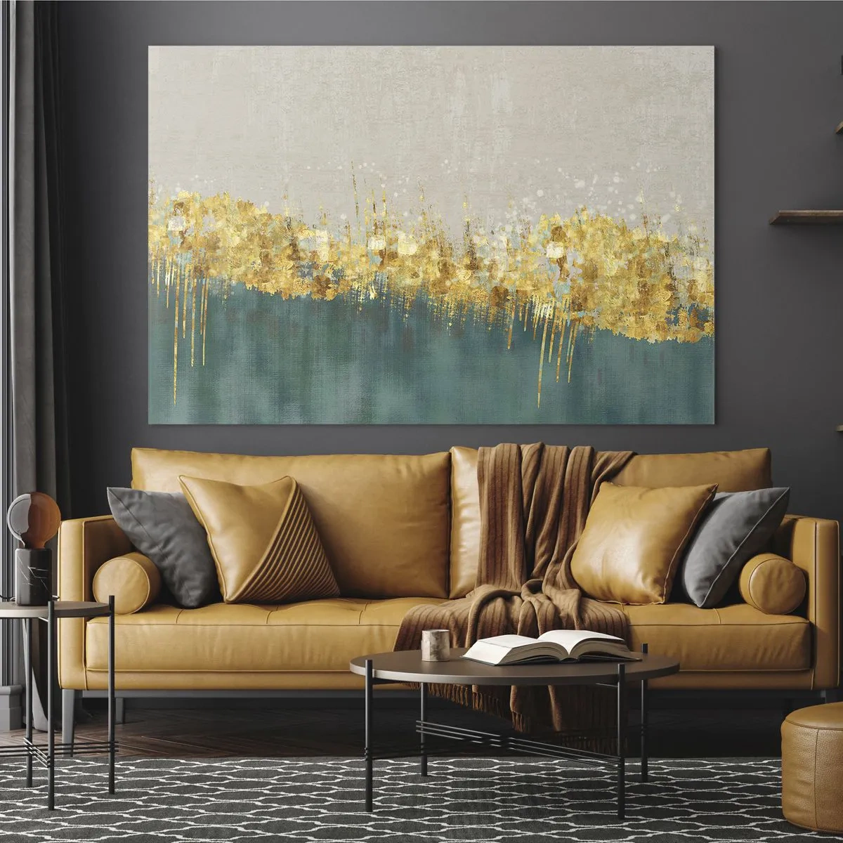 Obraz na szkle - Złote akcenty tworzące granicę między beżem a butelkową zielenią - 120x80cm - Złota granica - Nowoczesna dekoracja ścienna do salonu, kuchni i sypialni ARTTOR