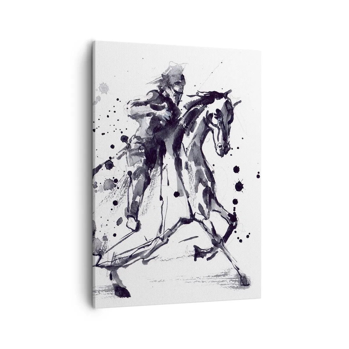 Obraz na płótnie - Abstrakcyjna postać czarnego rycerza na koniu z akwarelowymi plamami - 50x70cm - Czarny rycerz - Nowoczesna dekoracja ścienna do salonu, kuchni i sypialni ARTTOR