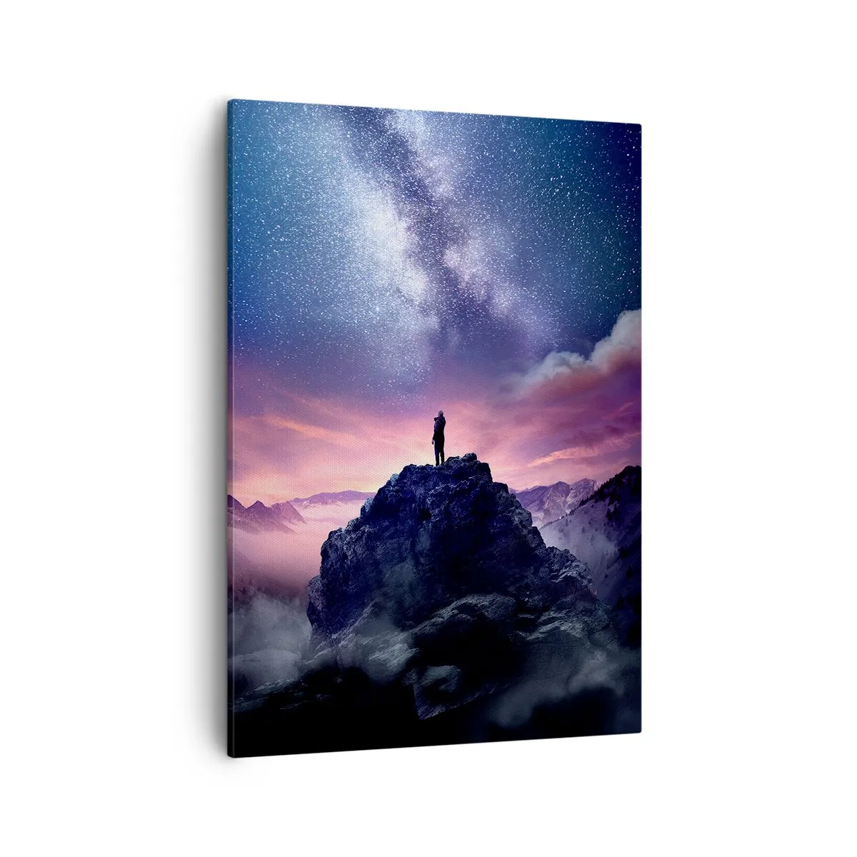 Obraz na płótnie - Sylwetka osoby stojącej na szczycie góry pod gwiaździstym niebem - 50x70cm - I poczuł życie - Nowoczesna dekoracja ścienna do salonu, kuchni i sypialni ARTTOR