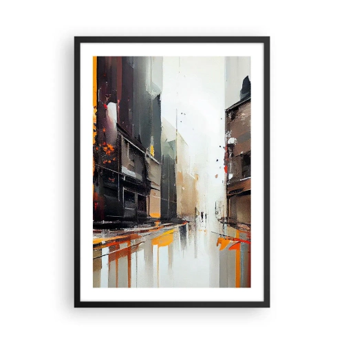 Plakat w czarnej ramie - Abstrakcyjna panorama miasta w odcieniach szarości i pomarańczu - 50x70cm - Deszczowy dzień - Nowoczesna dekoracja ścienna do salonu i sypialni ARTTOR