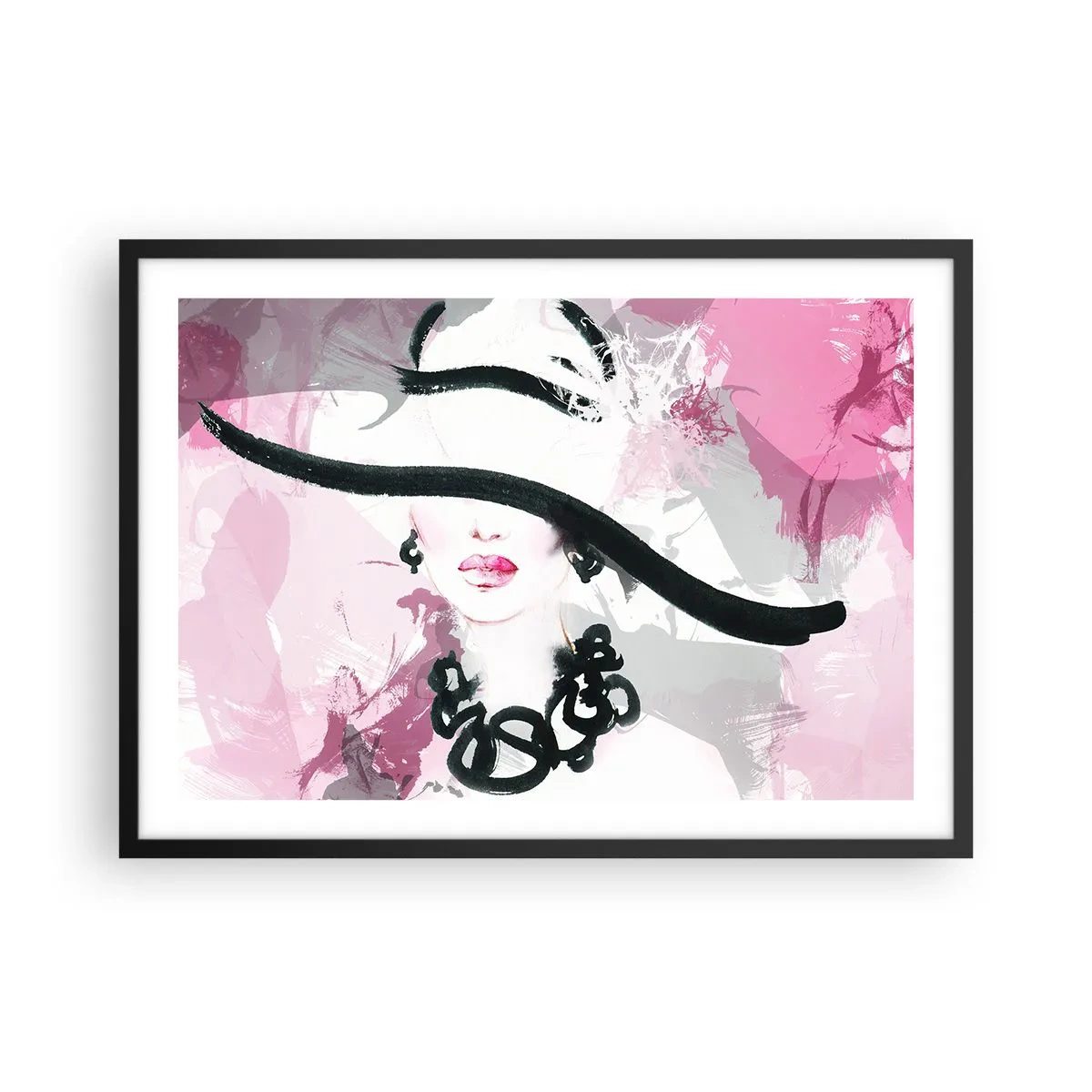 Plakat w czarnej ramie - Elegancka kobieta w kapeluszu na tle różowych abstrakcji - 70x50cm - Portret damy w czerni i różu - Nowoczesna dekoracja ścienna do salonu i sypialni ARTTOR