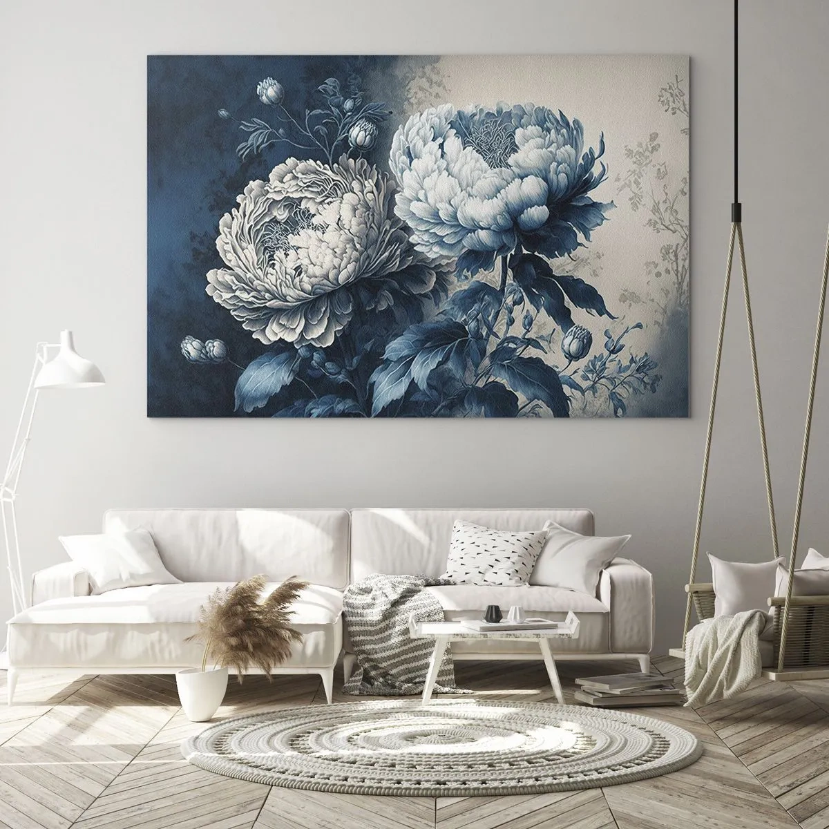 Obraz na szkle - Dwukolorowe piwonie w odcieniach błękitu i beżu na tle vintage - 70x50cm - Dobrana para - Nowoczesna dekoracja ścienna do salonu i sypialni ARTTOR
