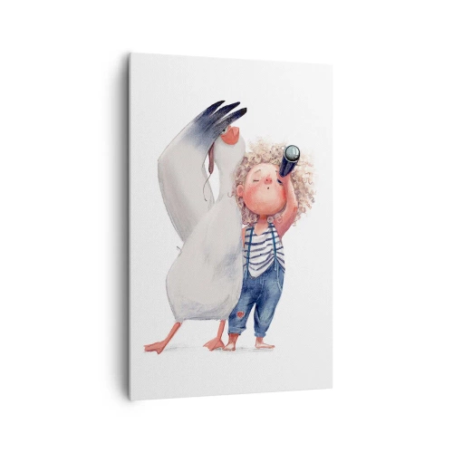 Obraz na płótnie - Ilustracja dziecka z pelikanem i lunetą w ręku - 80x120cm - Plan wielkiej podróży - Nowoczesna dekoracja ścienna do salonu i sypialni ARTTOR