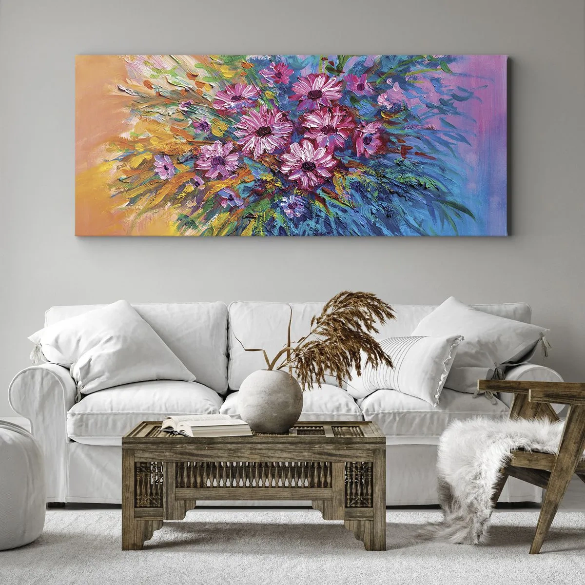 Obraz na płótnie - Kolorowe kwiaty w bukiecie na tle w pastelowych odcieniach - 160x50cm - Energia życia - Nowoczesna dekoracja ścienna do salonu i sypialni ARTTOR