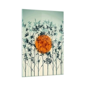 Obraz na szkle - Pomarańczowe słońce wśród bambusowych gałęzi - 80x120cm - Japońskie słońce - Nowoczesna dekoracja ścienna do salonu i sypialni ARTTOR