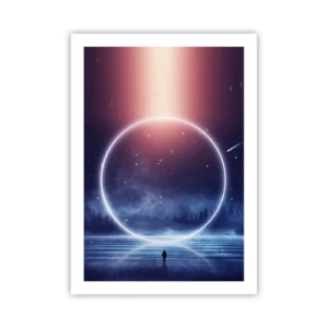 Plakat - Sylwetka osoby w świetle okręgu na tle gwiazd - 50x70cm - Już tu są… - Nowoczesna dekoracja ścienna do salonu, kuchni i sypialni ARTTOR