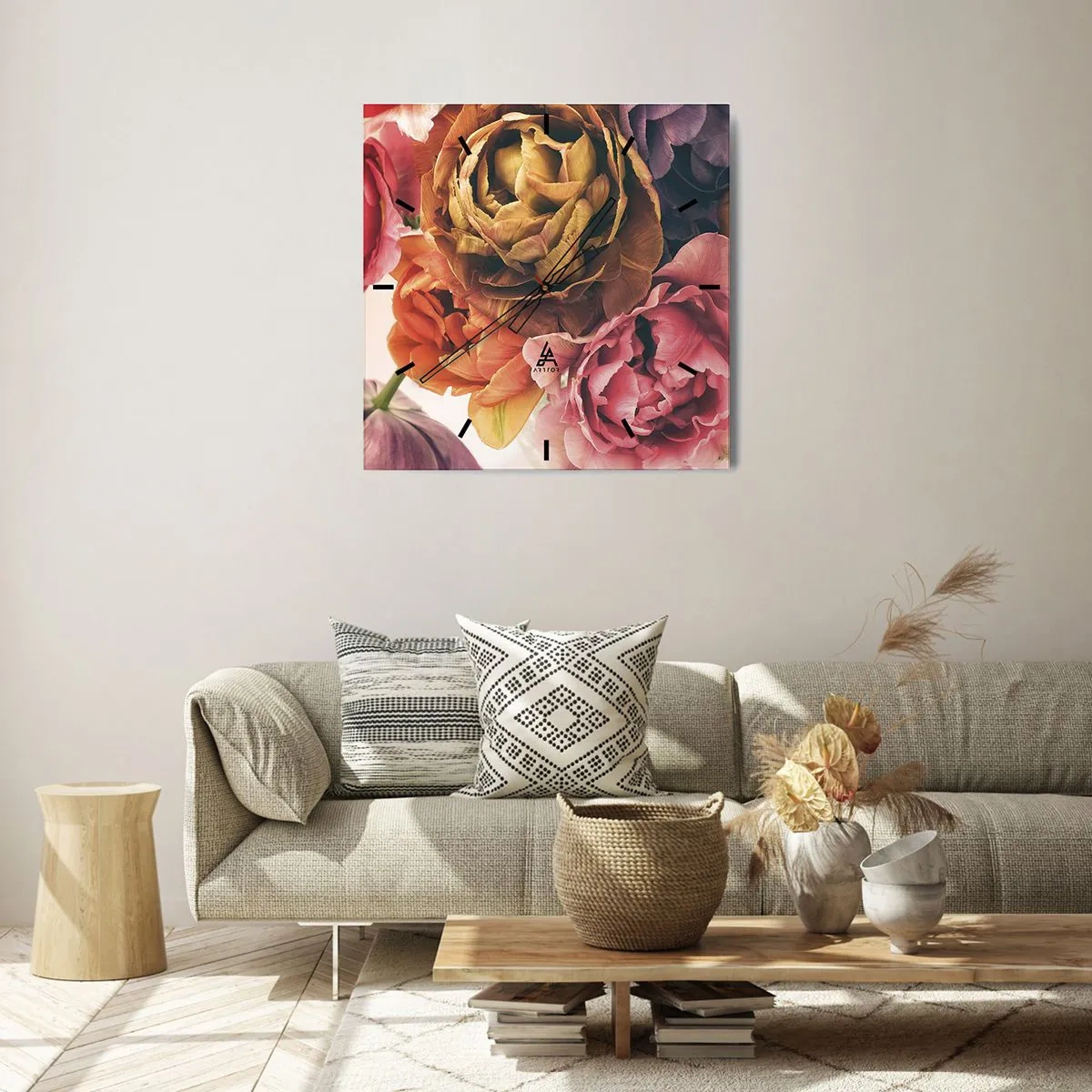 Zegar ścienny - Bukiet różnorodnych kwiatów w intensywnych barwach - 30x30cm - Święto życia - Nowoczesna dekoracja ścienna do salonu i sypialni ARTTOR