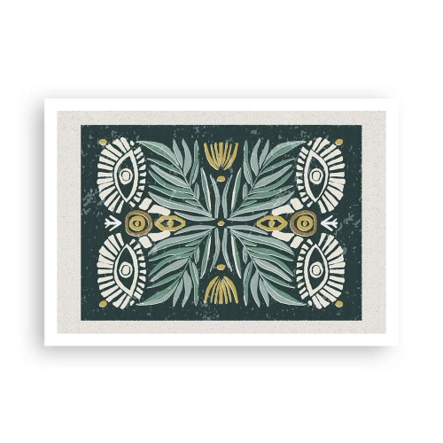 Plakat - Symetryczny wzór roślinny na zielonym tle - 100x70cm - Jak ludowa wycinanka - Nowoczesna dekoracja ścienna do salonu i sypialni ARTTOR