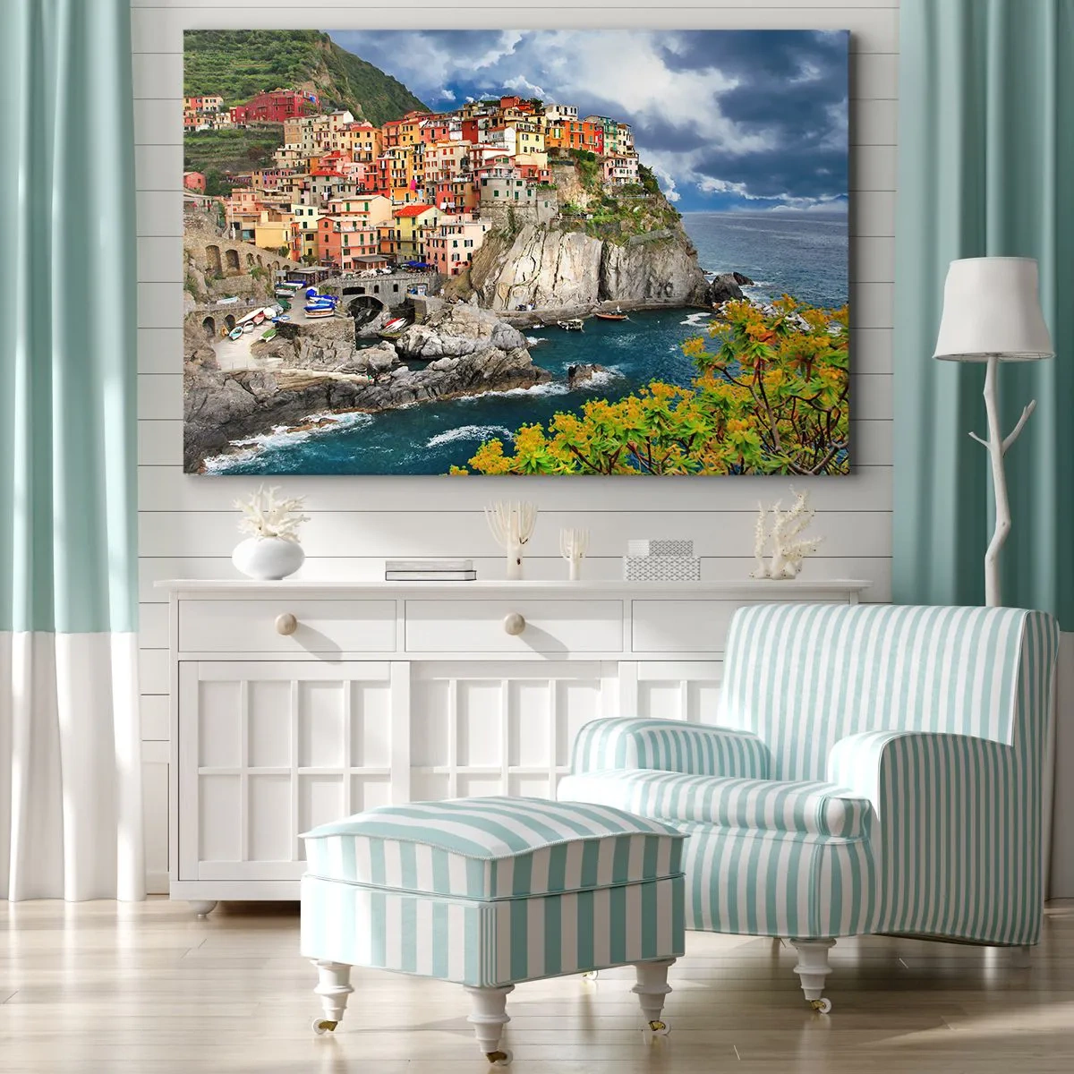 Obraz na płótnie - Kolorowe domy na klifie nad brzegiem morza w Cinque Terre - 100x70cm - Gromadka przytulona do skał - Nowoczesna dekoracja ścienna do salonu, kuchni i sypialni ARTTOR