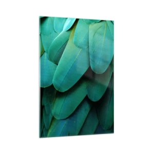 Obraz na szkle - Detal piór w odcieniach zieleni - 70x100cm - Precyzja papuziej natury - Nowoczesna dekoracja ścienna do salonu i sypialni ARTTOR
