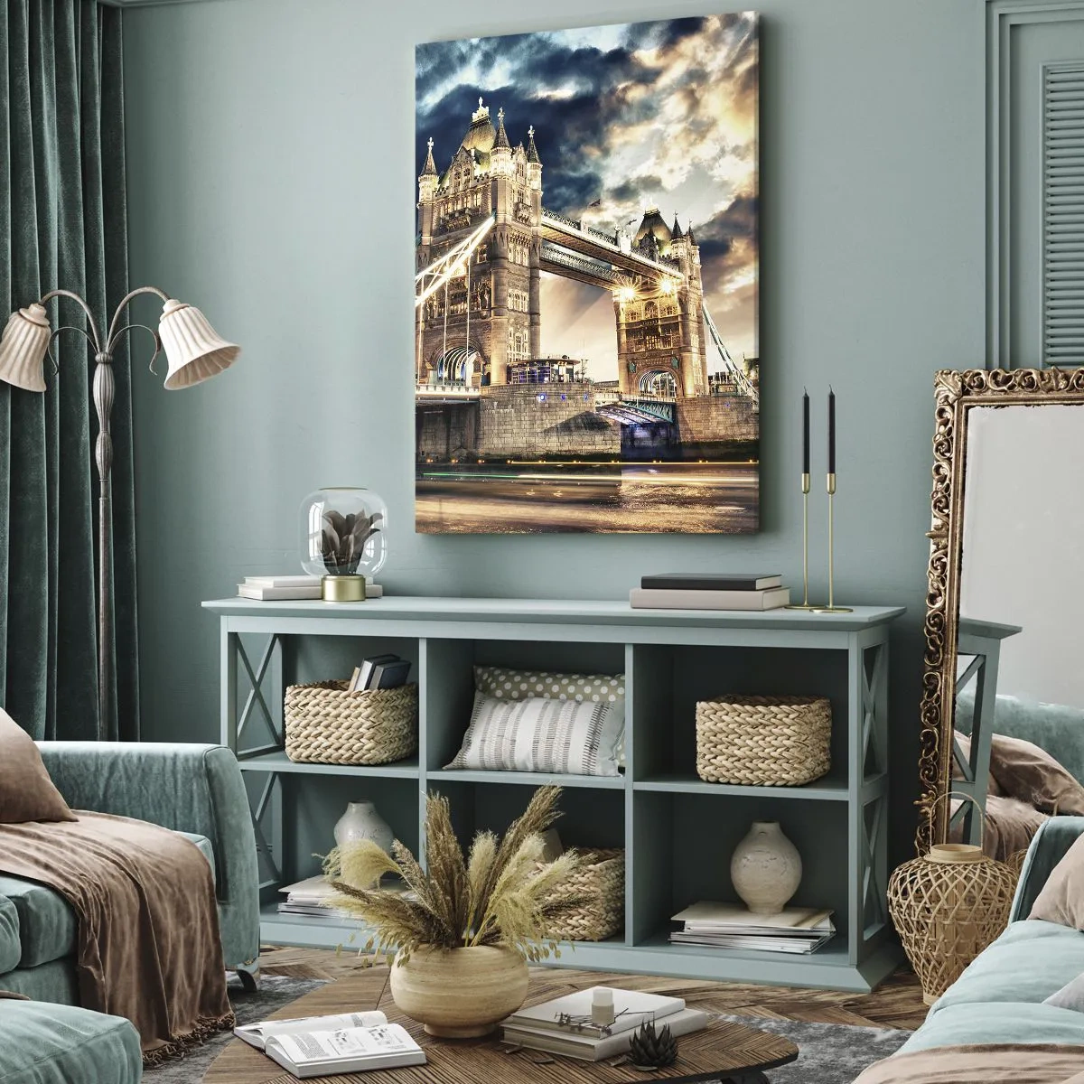 Obraz na płótnie - Tower Bridge w Londynie o zachodzie słońca - 50x70cm - Pomnik wiktoriańskiego imperium - Nowoczesna dekoracja ścienna do salonu, kuchni i sypialni ARTTOR