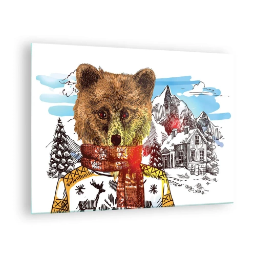 Obraz na szkle - Niedźwiedź w swetrze i szaliku na tle gór i domku - 70x50cm - Chatka niedźwiadka - Nowoczesna dekoracja ścienna do salonu i sypialni ARTTOR