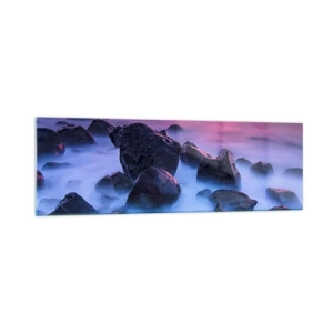 Obraz na szkle - Kamieniste wybrzeże o zachodzie słońca - 160x50cm - Narodziny w blasku i mgle - Nowoczesna dekoracja ścienna do salonu i sypialni ARTTOR