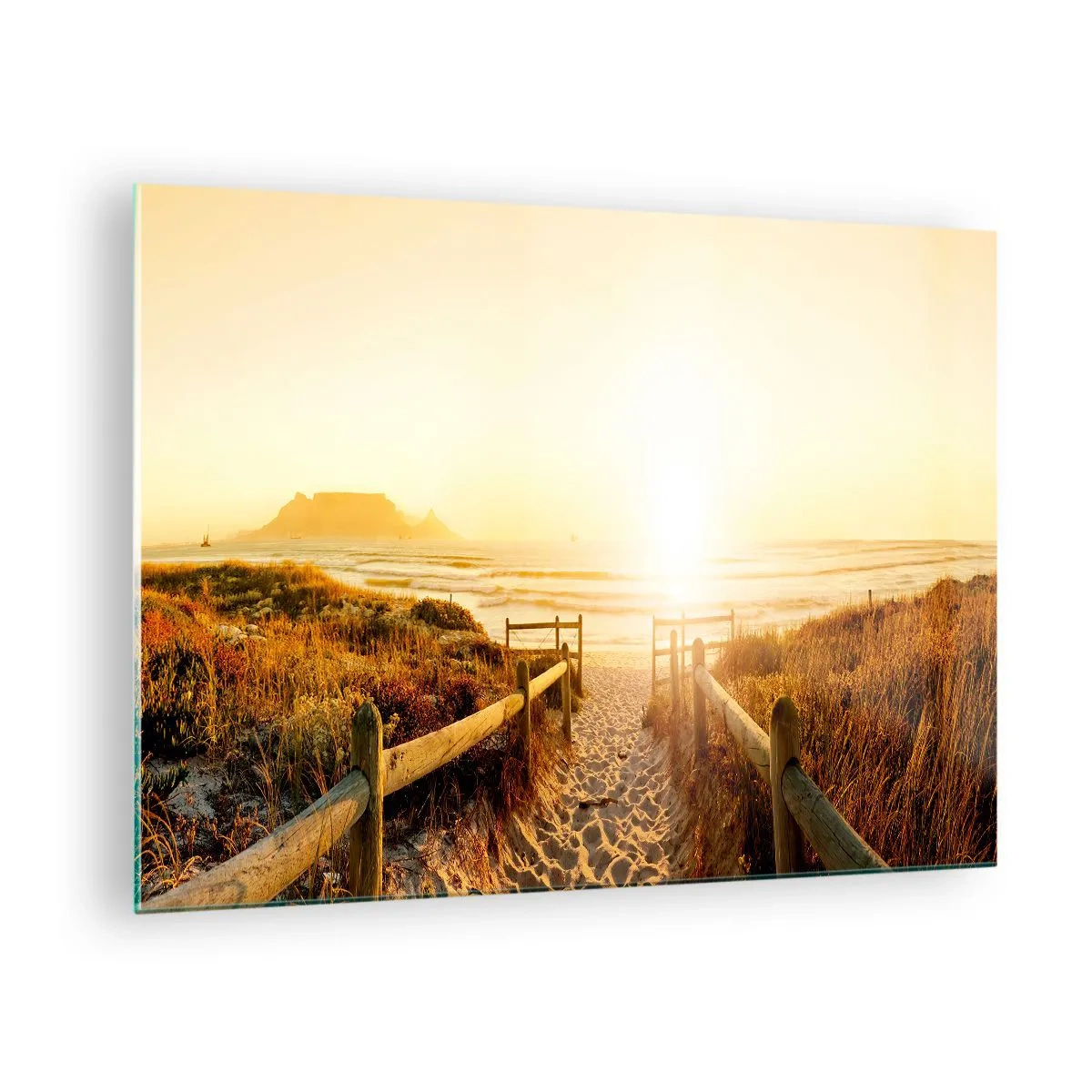 Obraz na szkle - Ścieżka przez wydmę prowadząca na plażę o zachodzie słońca - 70x50cm - Przez wydmę, w stronę słońca - Nowoczesna dekoracja ścienna do salonu i sypialni ARTTOR
